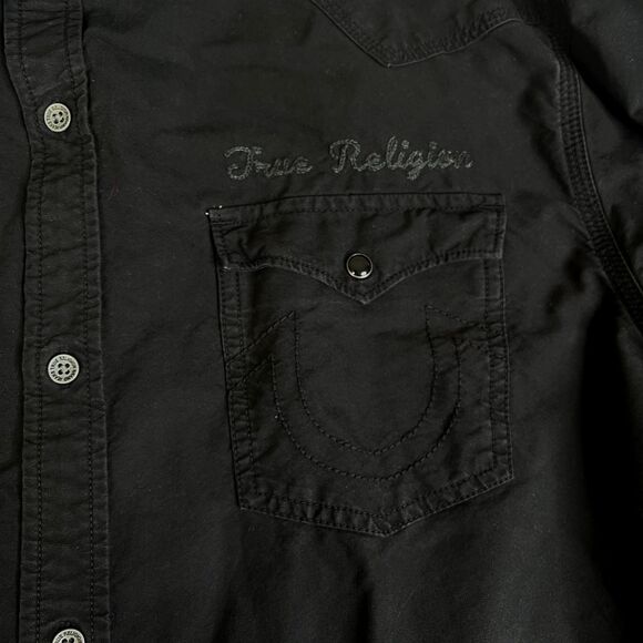 True Religion Shirt Mens 3XL Denim Pearl Snap Metal Button Slim Embroidered - Picture 1 of 11